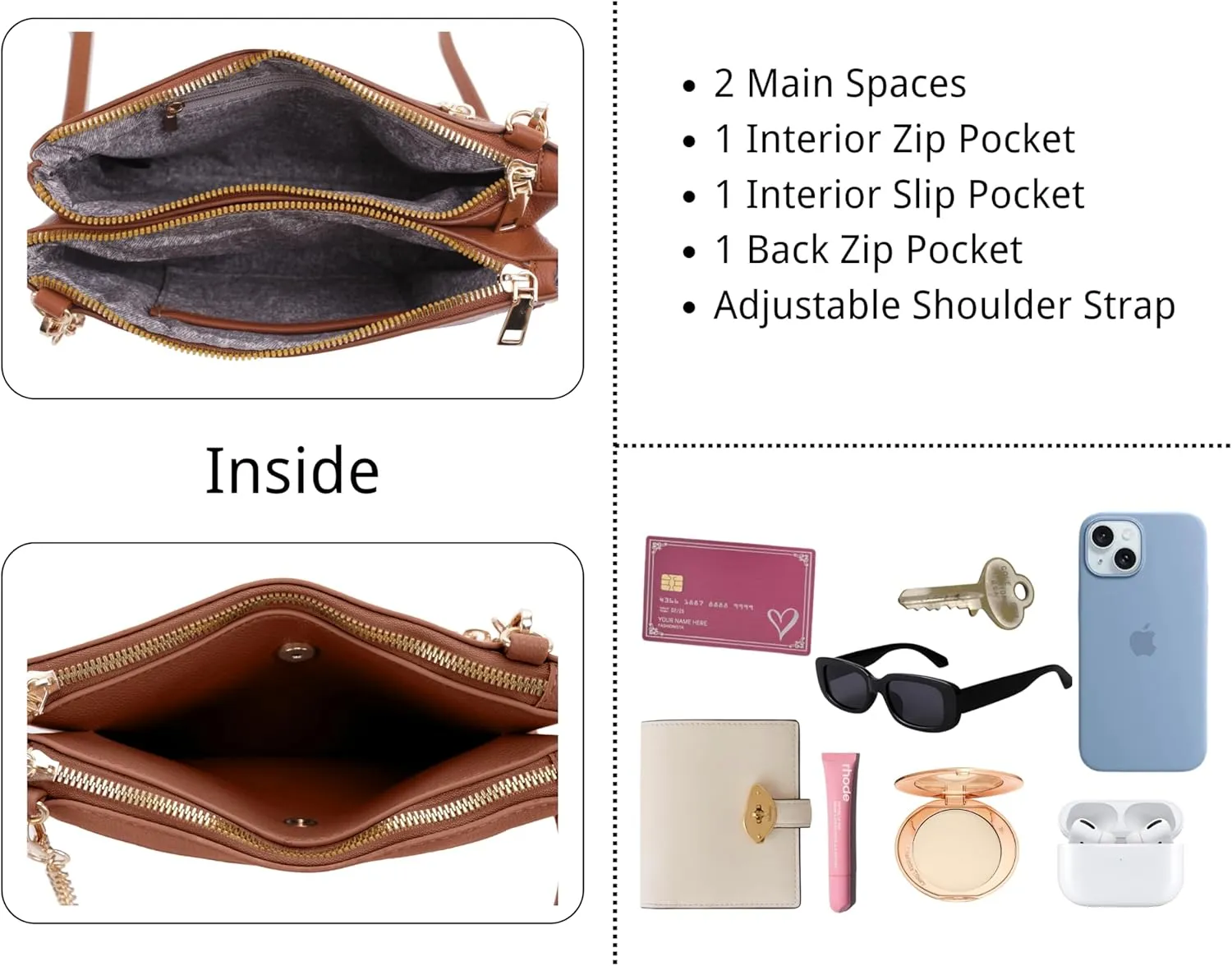 Faux Leather Crossbody Bag with Multiple Compartments, Detachable Chain Strap