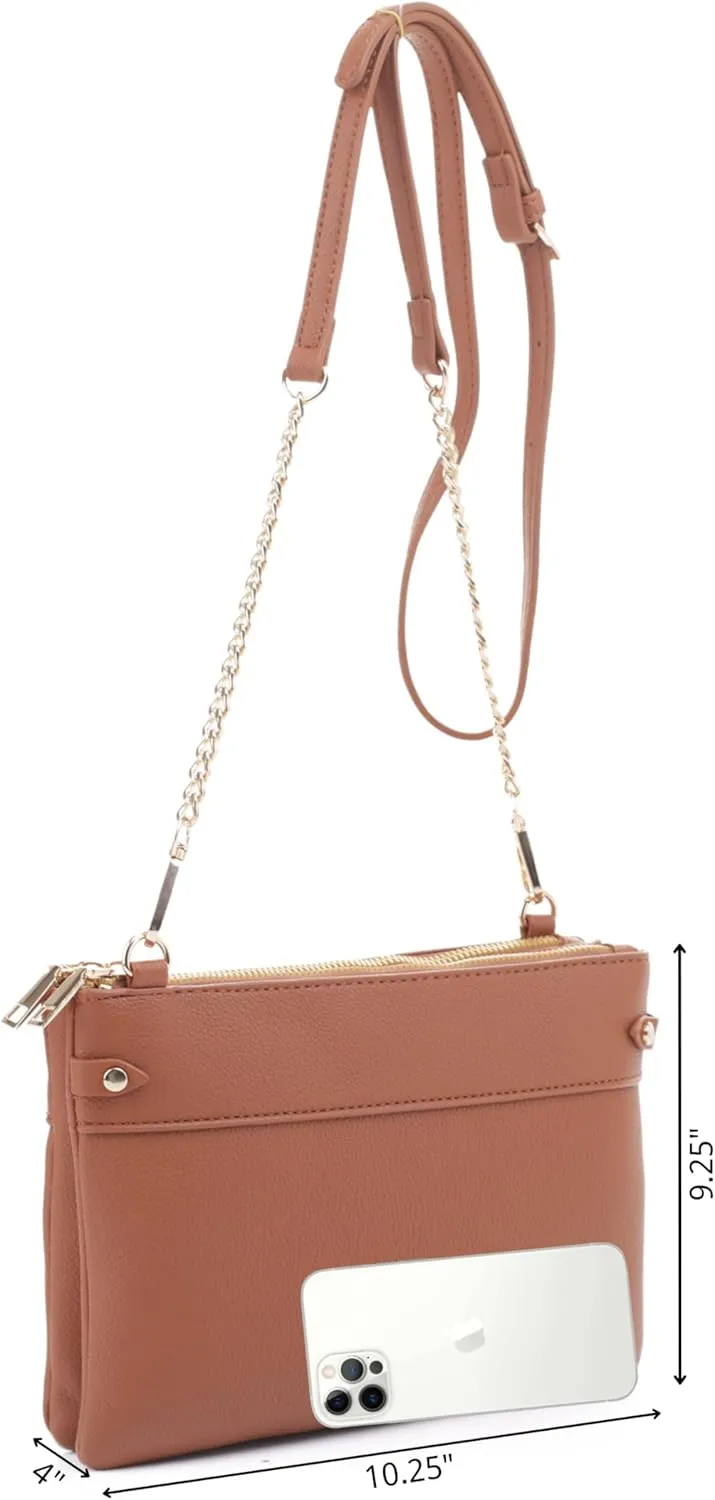 Faux Leather Crossbody Bag with Multiple Compartments, Detachable Chain Strap