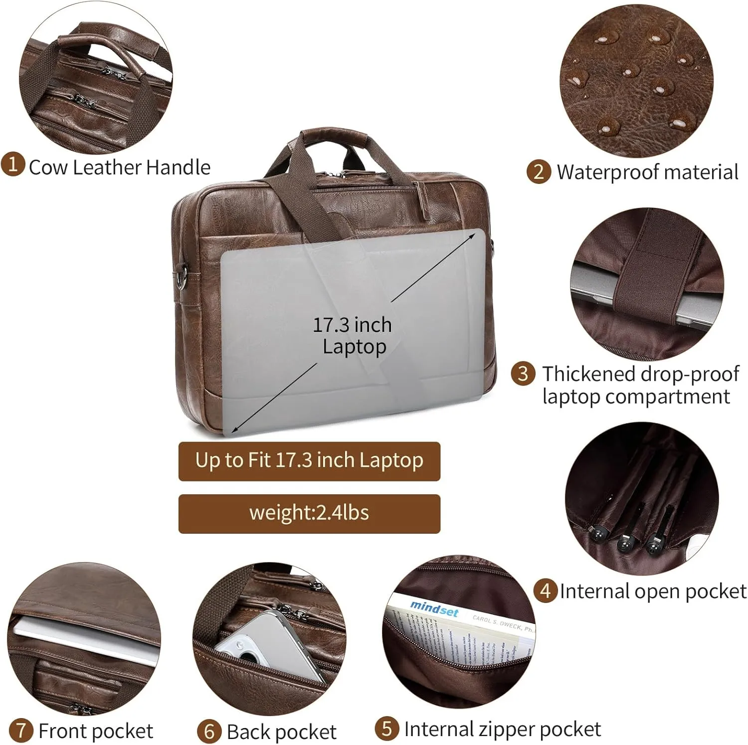 Faux Leather Messenger Bag for Men 17-17.3 Inch: Convertible 3 in 1 Backpack Laptop Bag Briefcase Computer Handbags Shoulder Crossbody Bag with Padded Laptop Sleeve for Work College Travel, PU Coffee