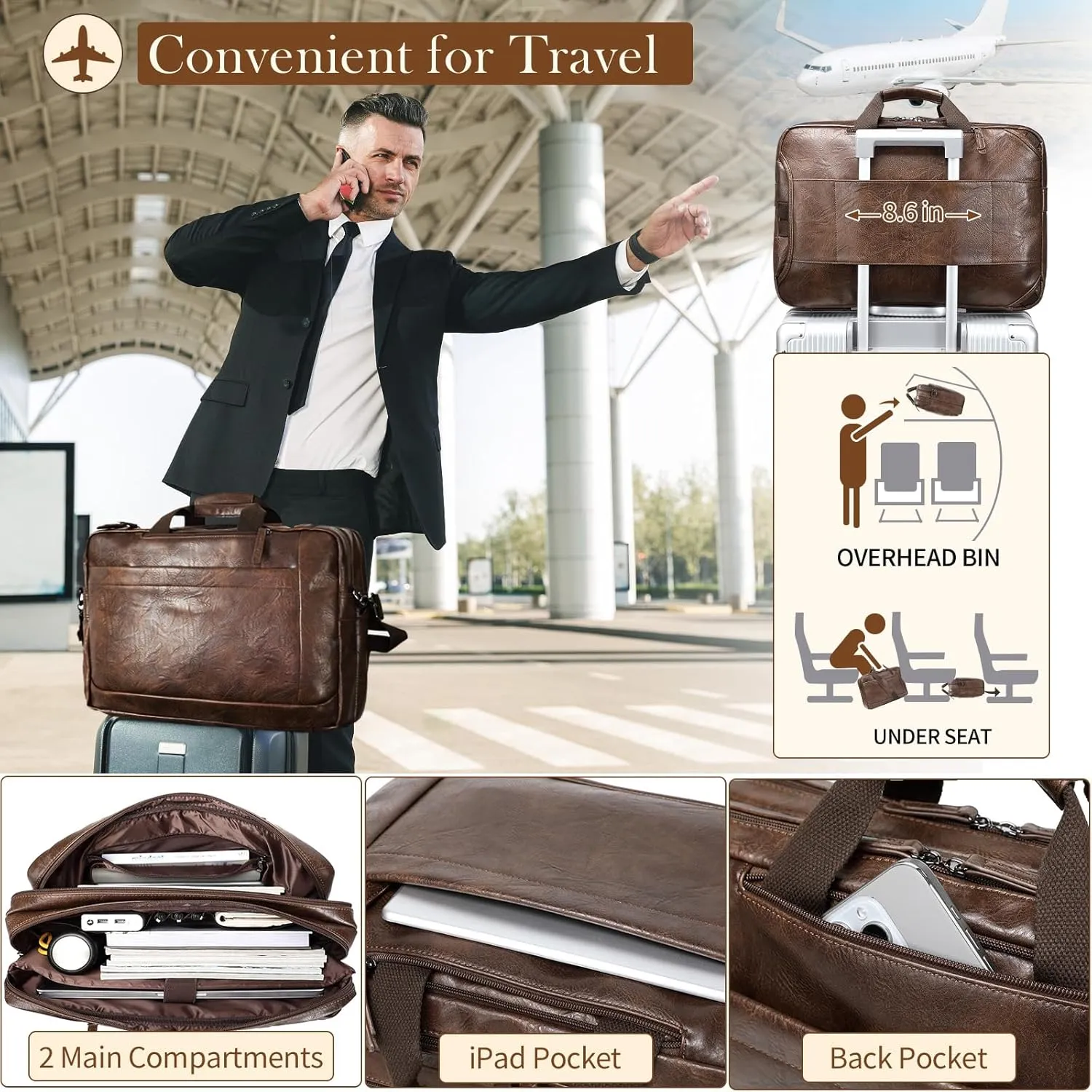 Faux Leather Messenger Bag for Men 17-17.3 Inch: Convertible 3 in 1 Backpack Laptop Bag Briefcase Computer Handbags Shoulder Crossbody Bag with Padded Laptop Sleeve for Work College Travel, PU Coffee