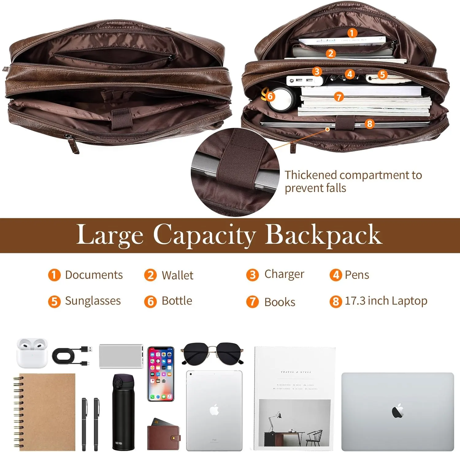 Faux Leather Messenger Bag for Men 17-17.3 Inch: Convertible 3 in 1 Backpack Laptop Bag Briefcase Computer Handbags Shoulder Crossbody Bag with Padded Laptop Sleeve for Work College Travel, PU Coffee