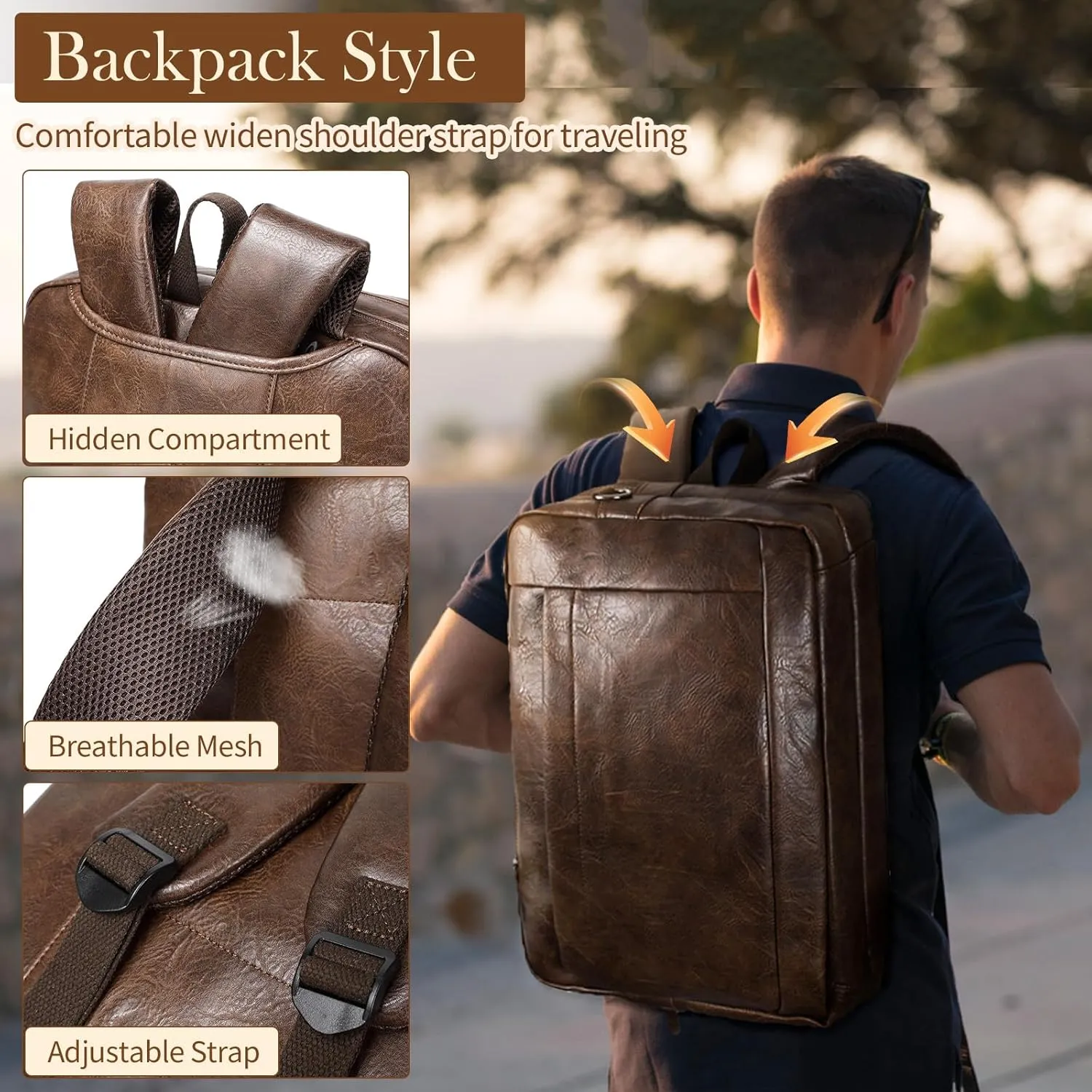 Faux Leather Messenger Bag for Men 17-17.3 Inch: Convertible 3 in 1 Backpack Laptop Bag Briefcase Computer Handbags Shoulder Crossbody Bag with Padded Laptop Sleeve for Work College Travel, PU Coffee