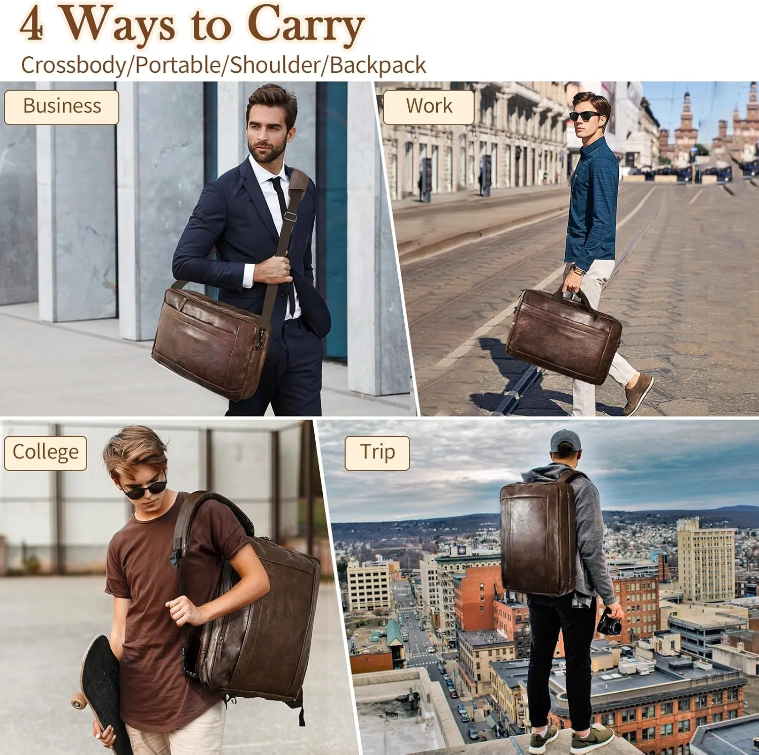 Faux Leather Messenger Bag for Men 17-17.3 Inch: Convertible 3 in 1 Backpack Laptop Bag Briefcase Computer Handbags Shoulder Crossbody Bag with Padded Laptop Sleeve for Work College Travel, PU Coffee