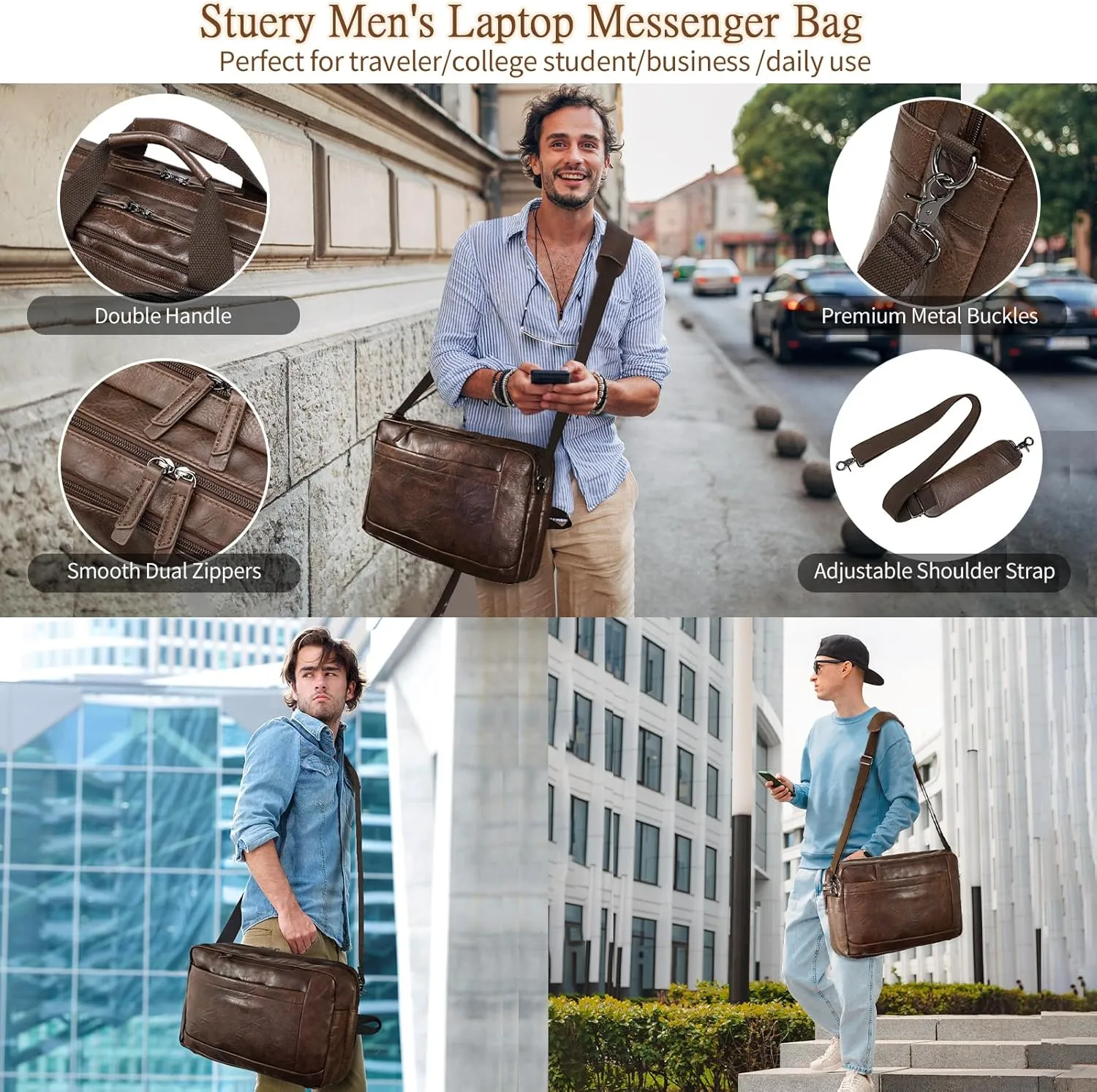Faux Leather Messenger Bag for Men 17-17.3 Inch: Convertible 3 in 1 Backpack Laptop Bag Briefcase Computer Handbags Shoulder Crossbody Bag with Padded Laptop Sleeve for Work College Travel, PU Coffee