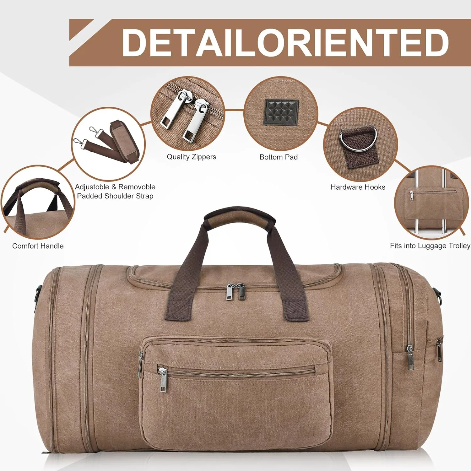 Felipe Varela 60L Duffle Bag for Men, Large Expandable Canvas Duffel Bag for Travel, Mens Carry On Luggage Bag Traveling Weekender Gym Overnight Bags for Airplanes, Coffee