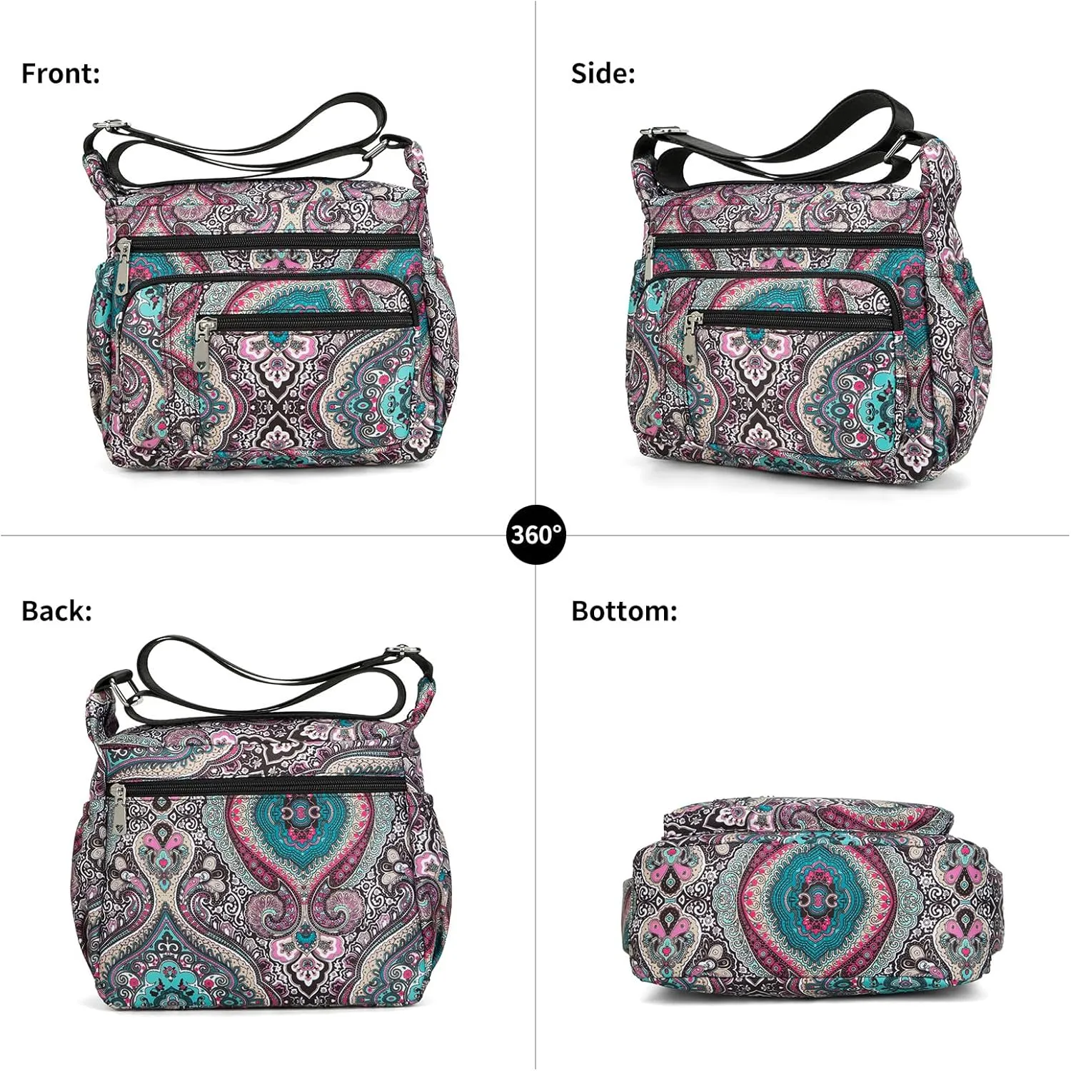 F.FETIVIN Women Floral Shoulder Handbag Roomy Multiple Pockets Bag Ladies Crossbody Lightweight Nylon Travel Purses