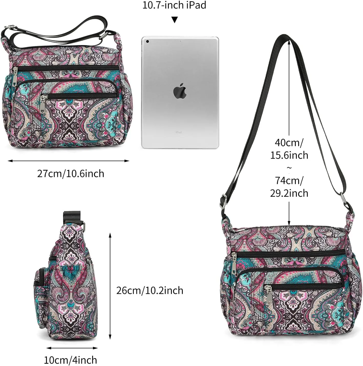 F.FETIVIN Women Floral Shoulder Handbag Roomy Multiple Pockets Bag Ladies Crossbody Lightweight Nylon Travel Purses