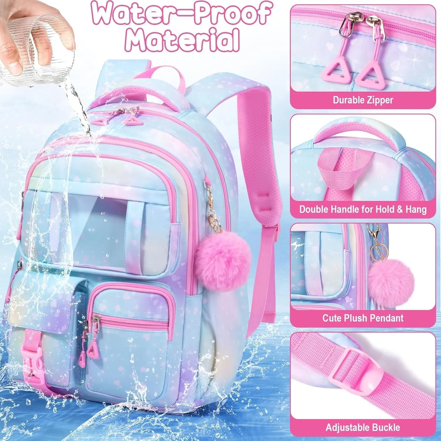 Fimibuke Kids Backpack for School Girls, 3Pcs Waterproof Girls Backpack with Lunch Box & Pencil Pouch - Lightweight School Backpack Pink Bookbag for Ages 6  Elementary Middle School Teens