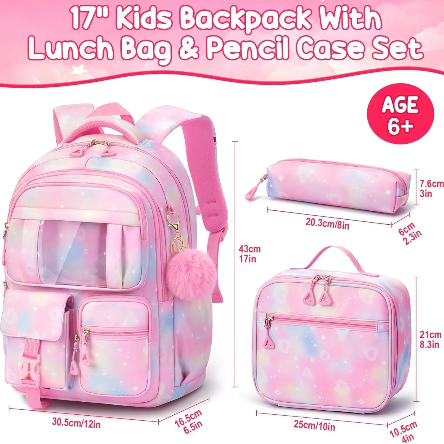 Fimibuke Kids Backpack for School Girls, 3Pcs Waterproof Girls Backpack with Lunch Box & Pencil Pouch - Lightweight School Backpack Pink Bookbag for Ages 6  Elementary Middle School Teens