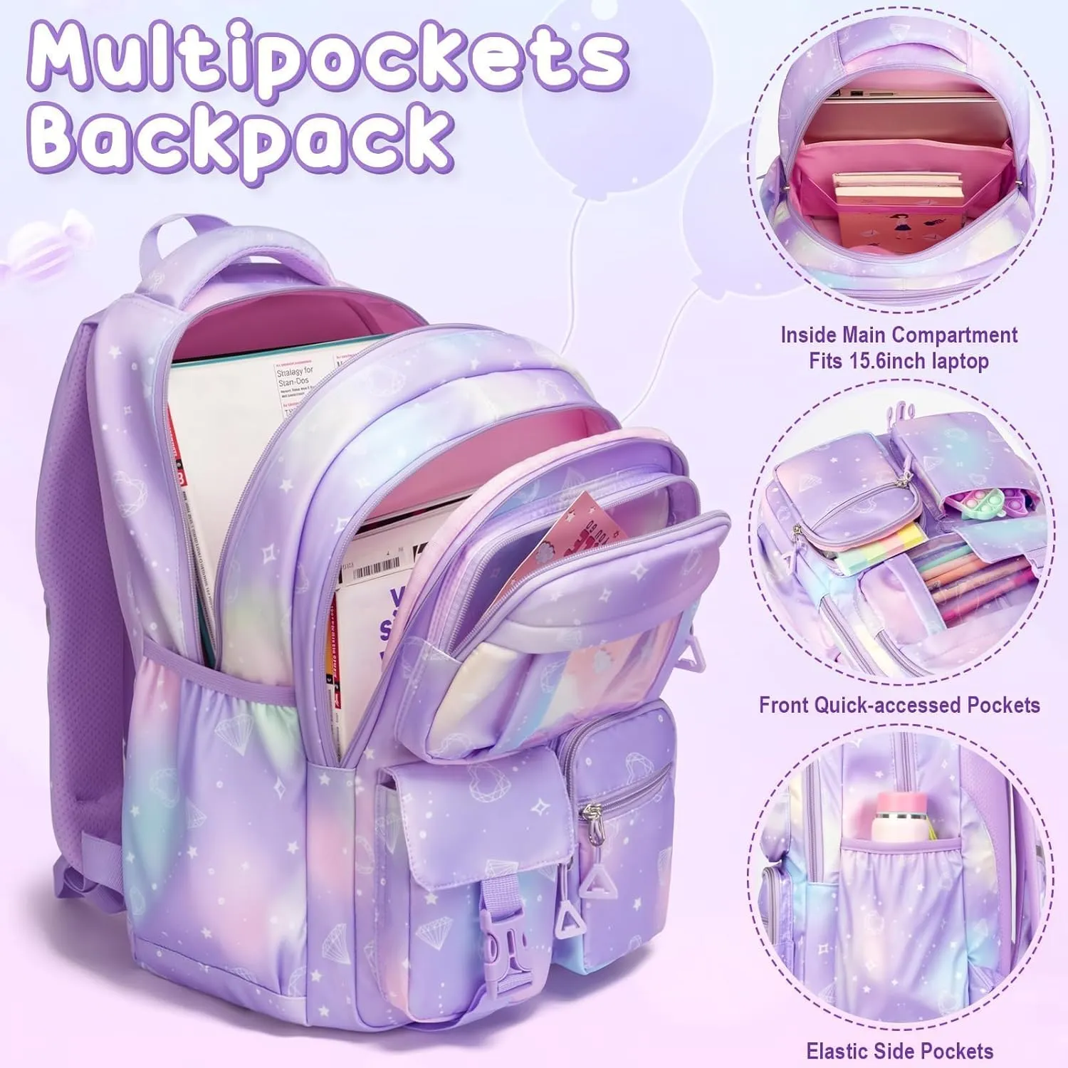 Fimibuke Kids Backpack for School Girls, 3Pcs Waterproof Girls Backpack with Lunch Box & Pencil Pouch - Lightweight School Backpack Pink Bookbag for Ages 6  Elementary Middle School Teens