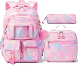 Fimibuke Kids Backpack for School Girls, 3Pcs Waterproof Girls Backpack with Lunch Box & Pencil Pouch - Lightweight School Backpack Pink Bookbag for Ages 6  Elementary Middle School Teens