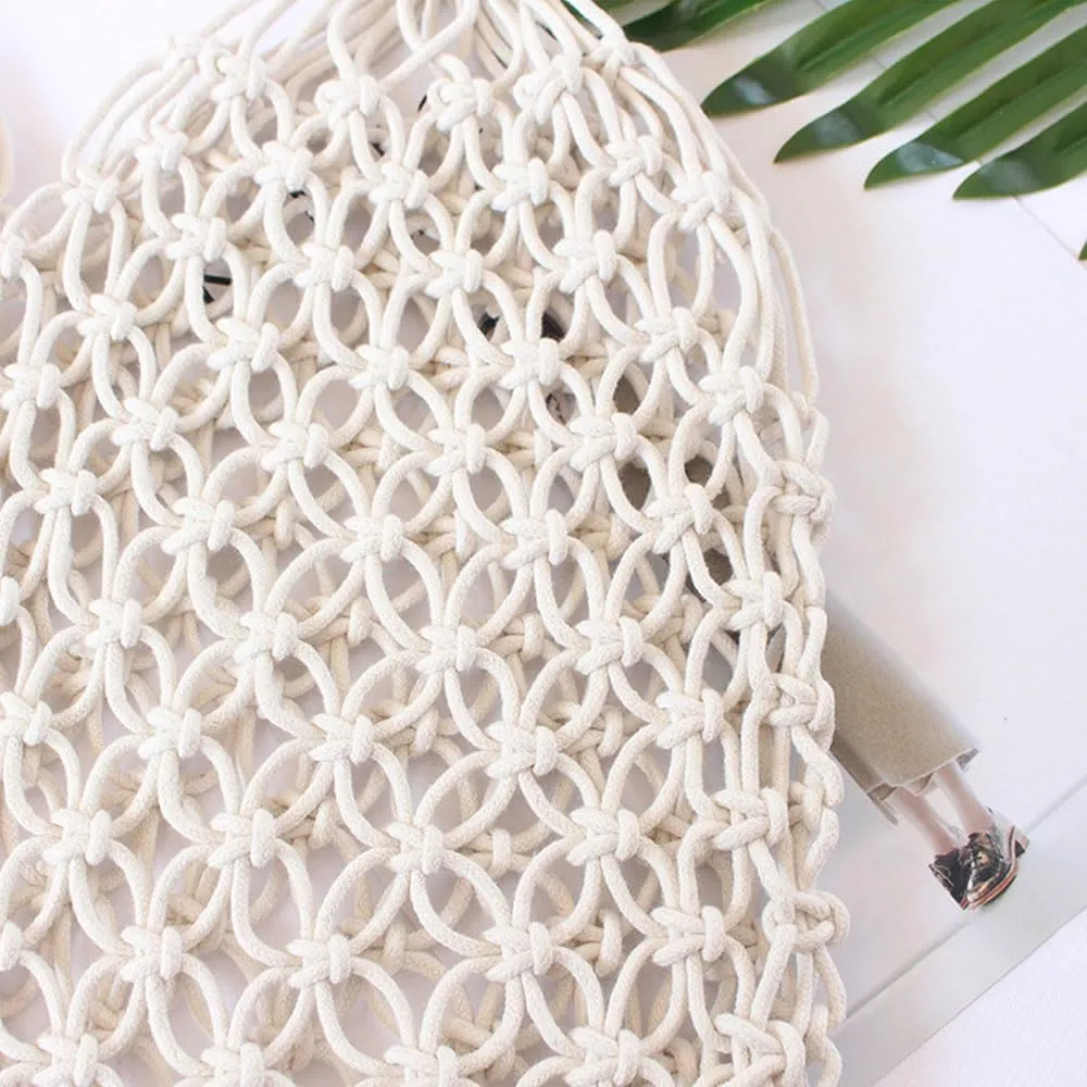 Fishing Net Handbag, Woven Shoulder Bag, Cotton Rope Tote, Mesh Travel Beach Bag, Crochet Knit Purse for Women