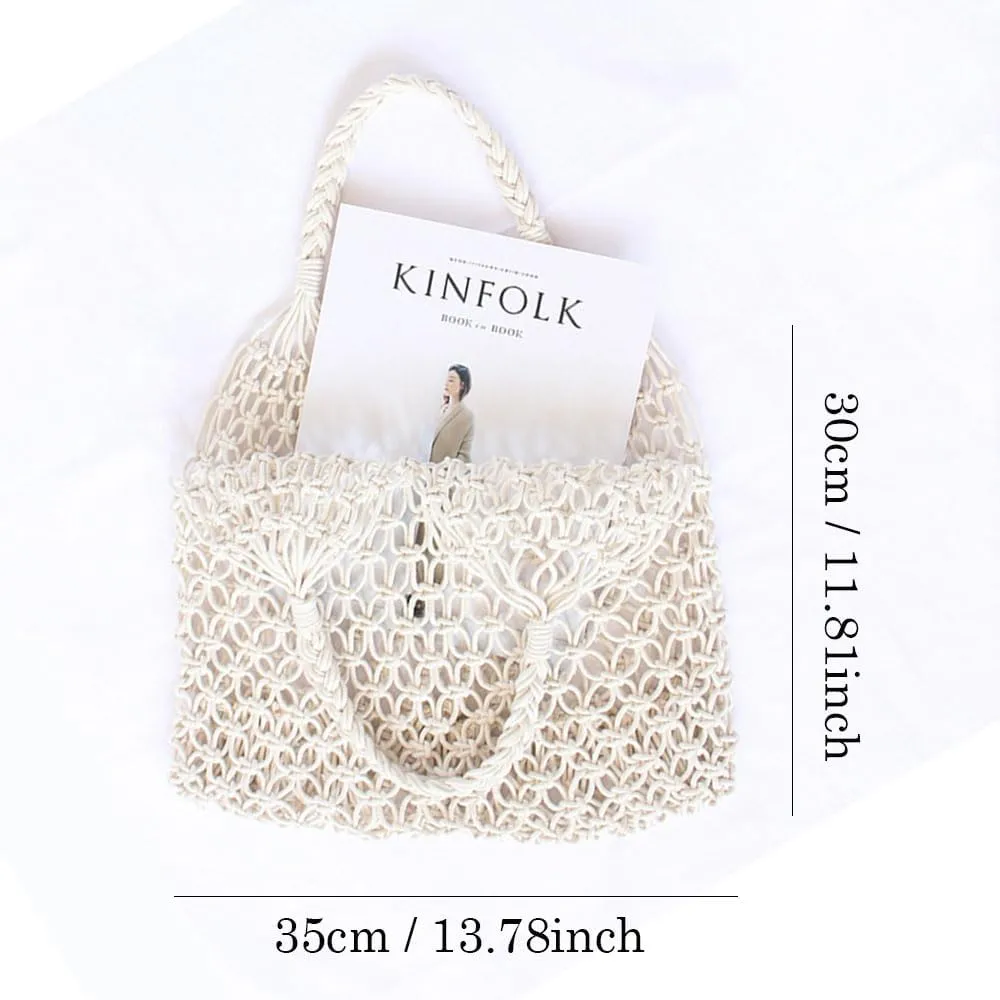 Fishing Net Handbag, Woven Shoulder Bag, Cotton Rope Tote, Mesh Travel Beach Bag, Crochet Knit Purse for Women