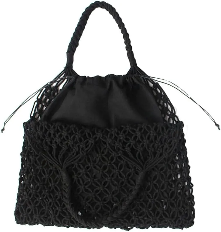 Fishing Net Handbag, Woven Shoulder Bag, Cotton Rope Tote, Mesh Travel Beach Bag, Crochet Knit Purse for Women