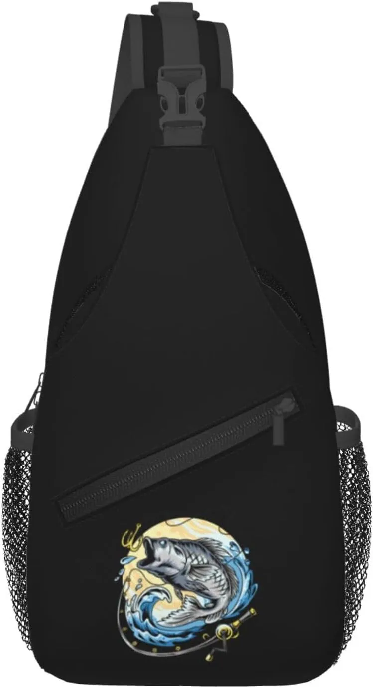 Fishing Rods And Big Salmon Crossbody Bags For Women Men Chest Backpack Gym Shoulder Bag Travel Outdoor Sports Casual Crossbody Bags