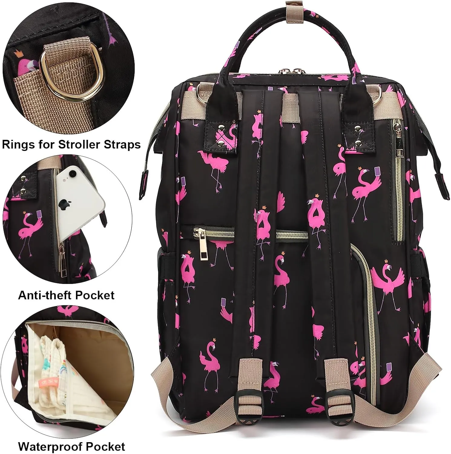 Flamingo Baby Diaper Bag Backpack for Women, Large Capacity Waterproof Maternity Travel Nappy Backpacks with Stroller Straps