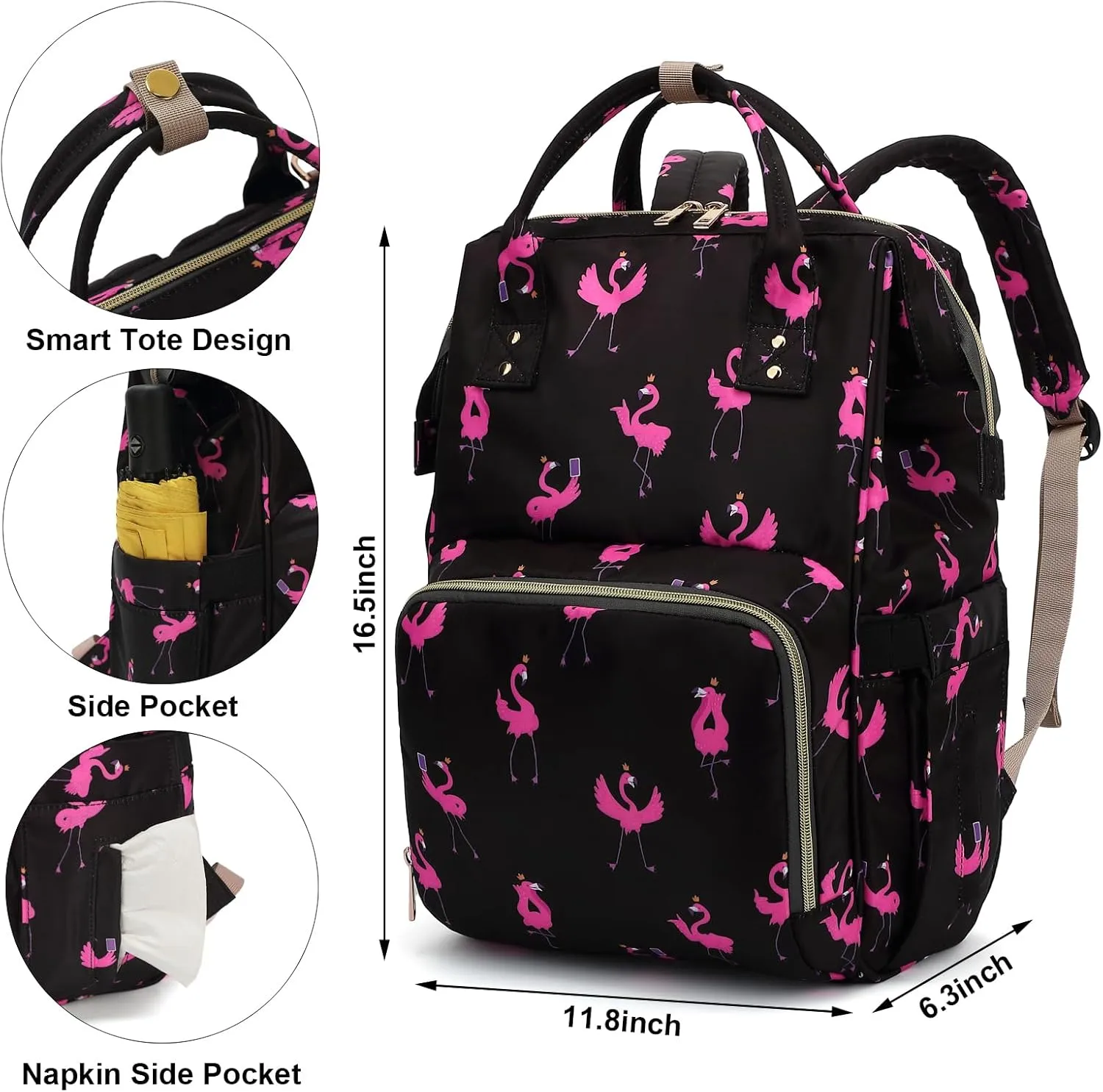 Flamingo Baby Diaper Bag Backpack for Women, Large Capacity Waterproof Maternity Travel Nappy Backpacks with Stroller Straps