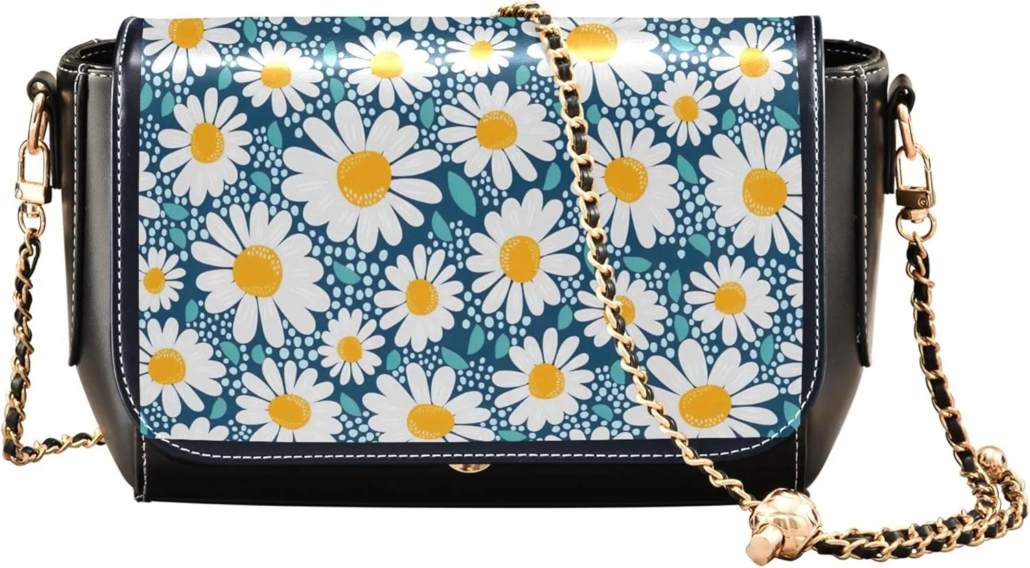 Floral Blue Small Flower Shoulder Leather Bags Black Women Crossbody Bag Purses Trendy Handbag with Chain Strap