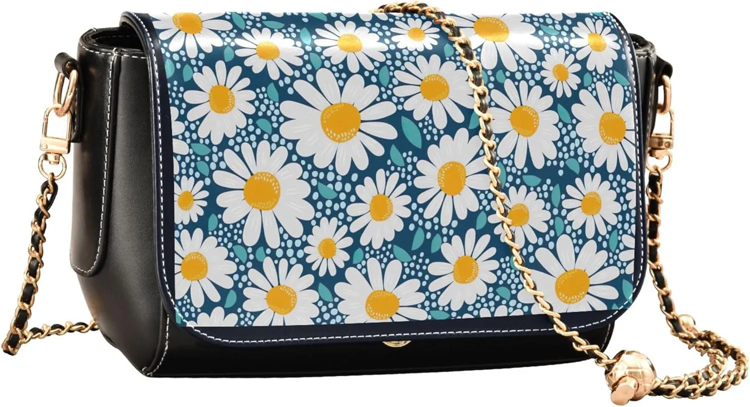 Floral Blue Small Flower Shoulder Leather Bags Black Women Crossbody Bag Purses Trendy Handbag with Chain Strap