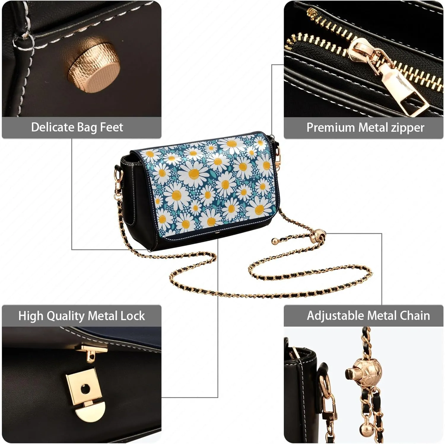 Floral Blue Small Flower Shoulder Leather Bags Black Women Crossbody Bag Purses Trendy Handbag with Chain Strap