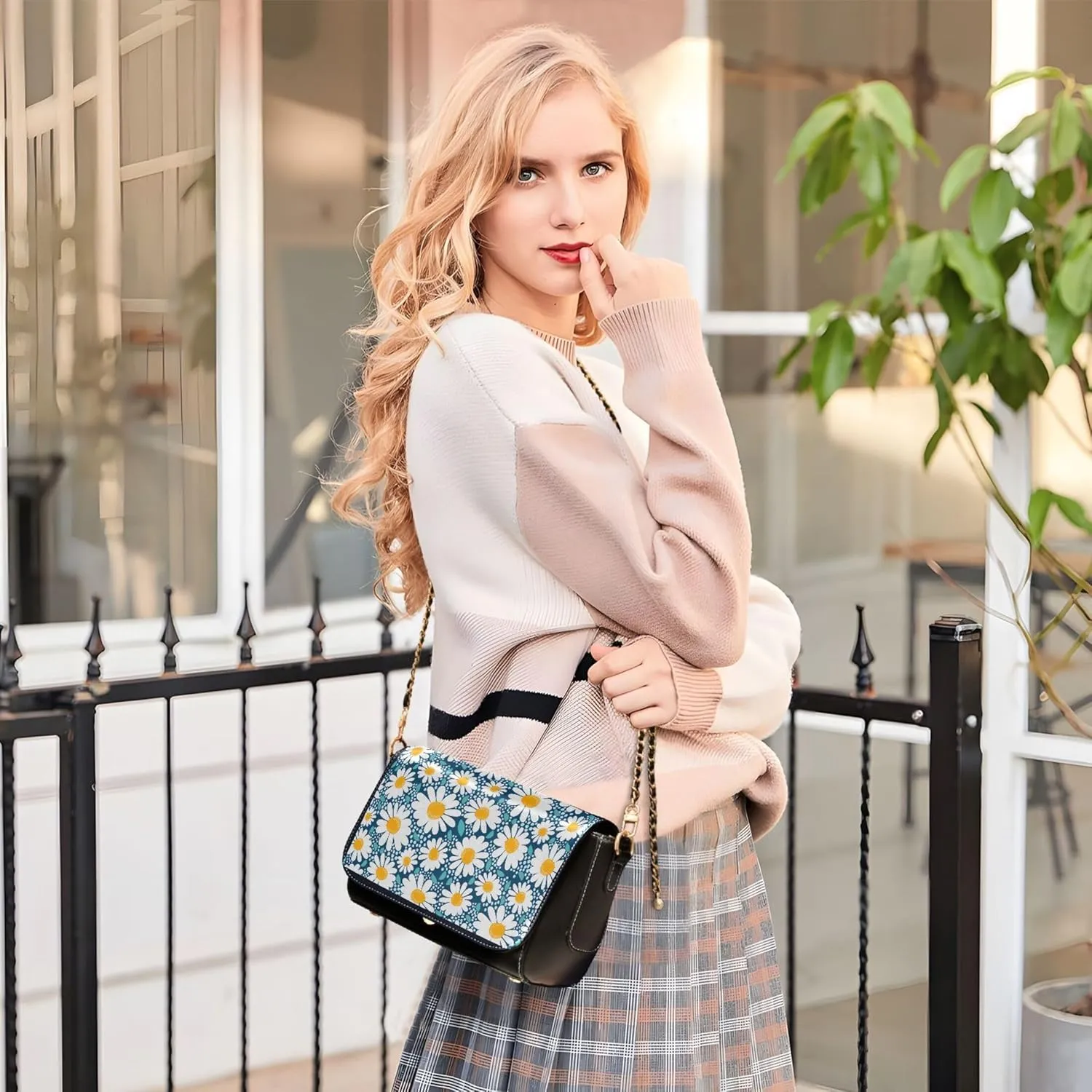Floral Blue Small Flower Shoulder Leather Bags Black Women Crossbody Bag Purses Trendy Handbag with Chain Strap