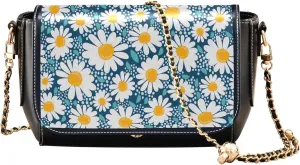 Floral Blue Small Flower Shoulder Leather Bags Black Women Crossbody Bag Purses Trendy Handbag with Chain Strap