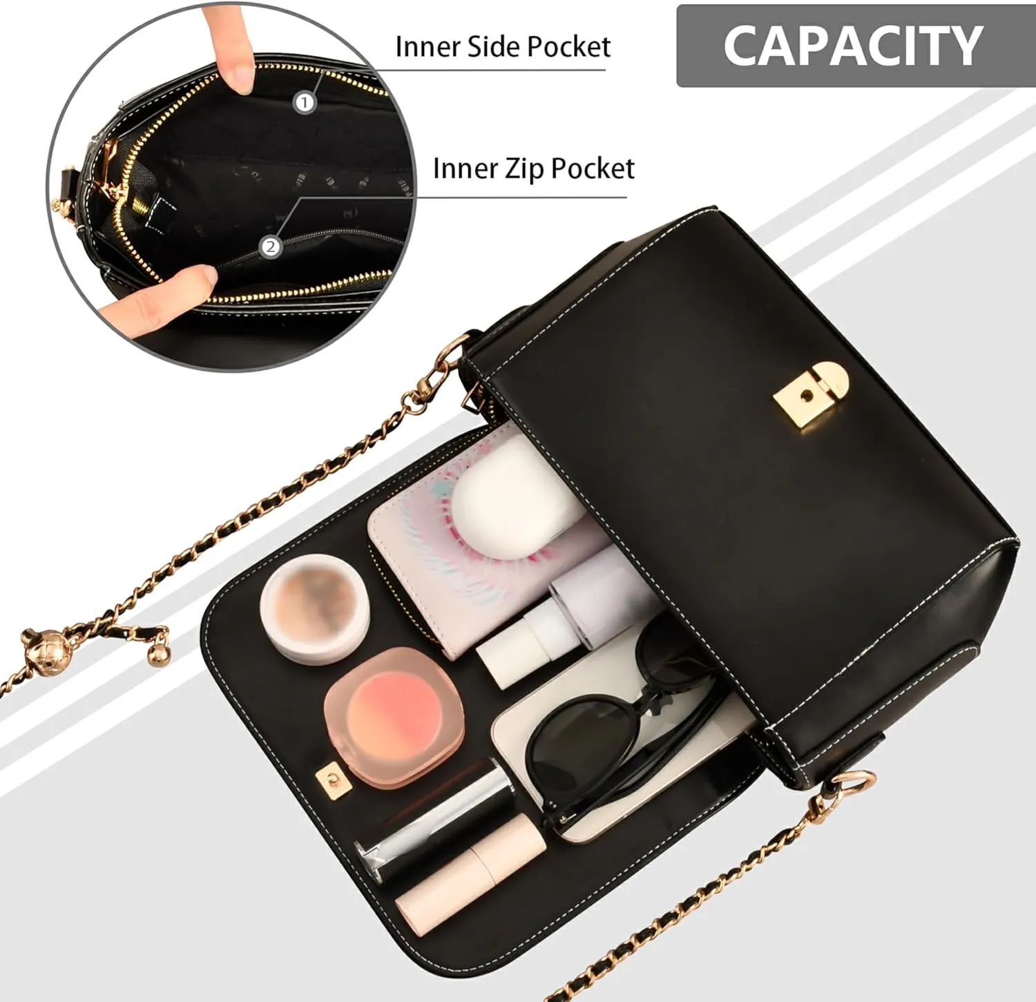 Floral Blue Small Flower Shoulder Leather Bags Black Women Crossbody Bag Purses Trendy Handbag with Chain Strap