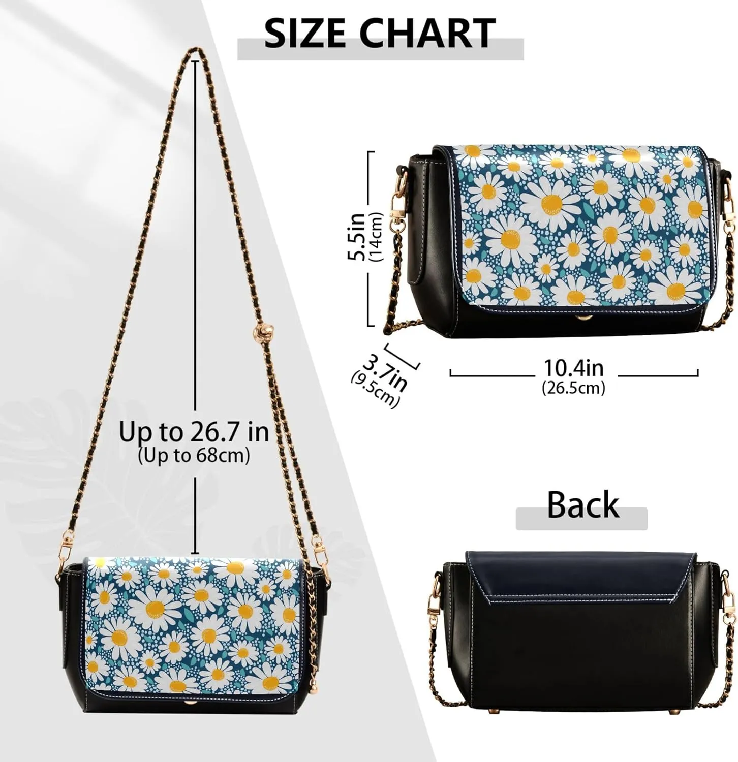 Floral Blue Small Flower Shoulder Leather Bags Black Women Crossbody Bag Purses Trendy Handbag with Chain Strap