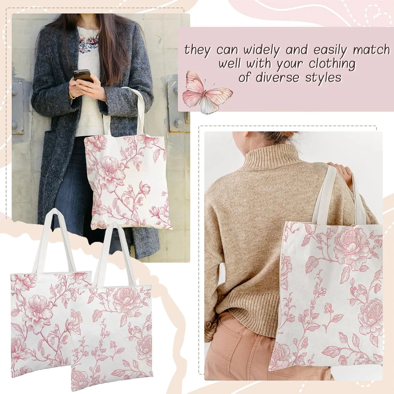 Floral Canvas Tote Bag for Women Chinoiserie Tote Bag Aesthetic Reusable Grocery Bags for Travel Shopping