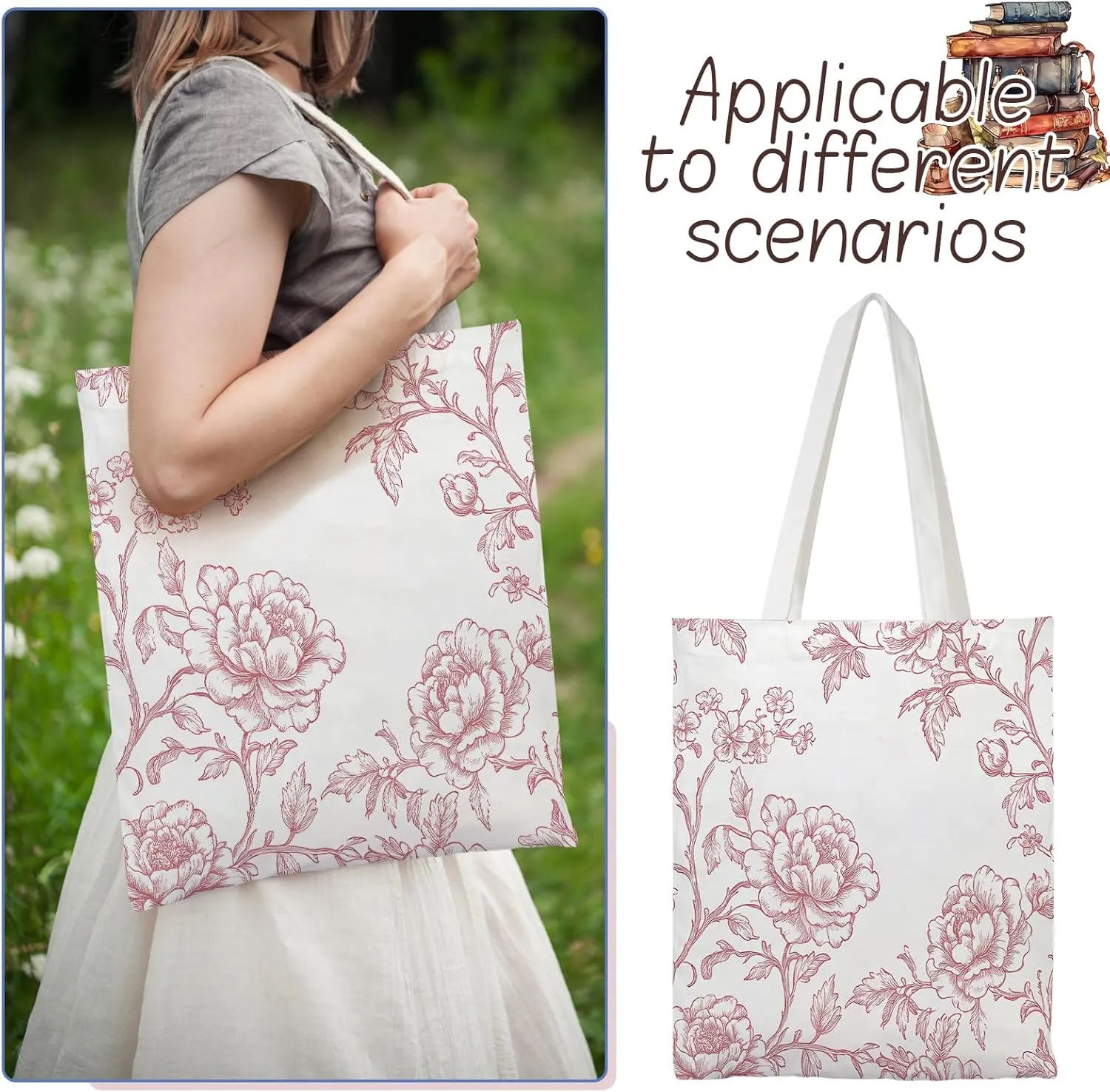 Floral Canvas Tote Bag for Women Chinoiserie Tote Bag Aesthetic Reusable Grocery Bags for Travel Shopping