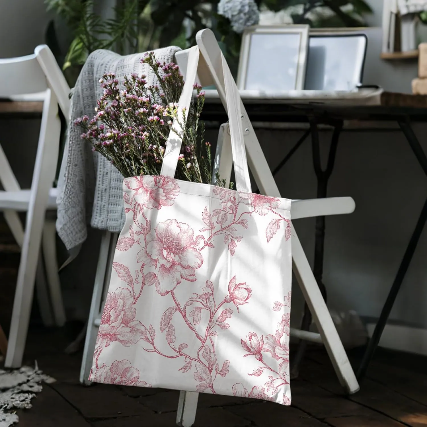 Floral Canvas Tote Bag for Women Chinoiserie Tote Bag Aesthetic Reusable Grocery Bags for Travel Shopping