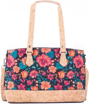 Floral Cork Handbag with Shoulder Strap, 15W x 8.5H inches, Vintage Style, Natural Cork and Cotton Blend