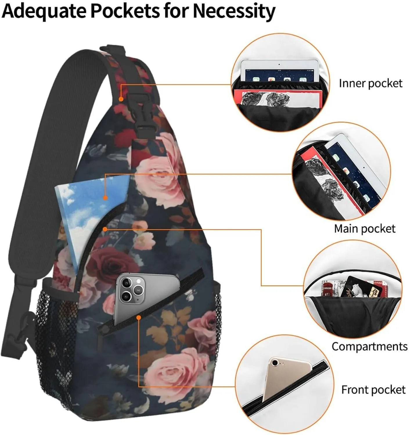 Floral Crossbody Chest Bags for Women, Small Crossbody Shoulder Bag Sling Bag Travel Hiking Daypack