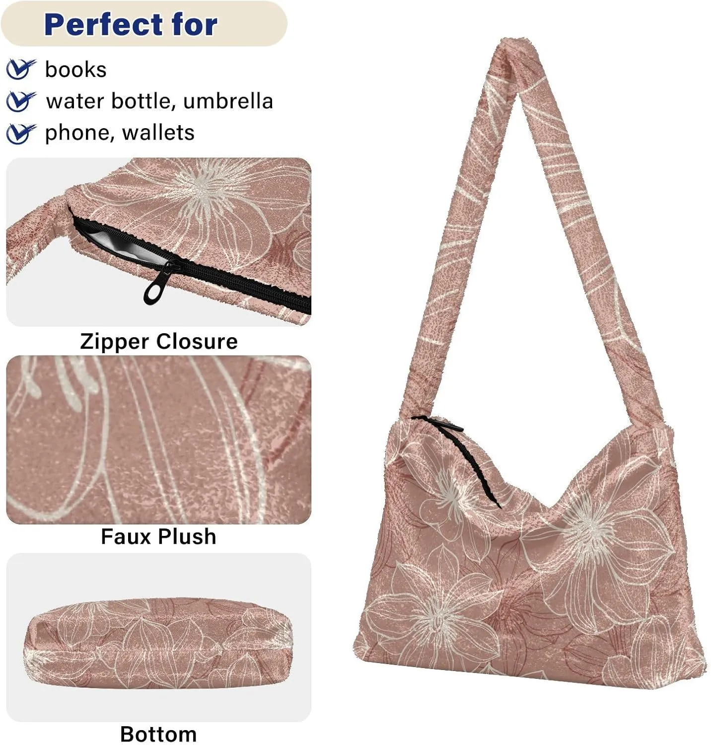 Floral Flower Texture Women's Shoulder Bag, Tote Shoulder Bag with Zipper, Shoulder Handbag Women