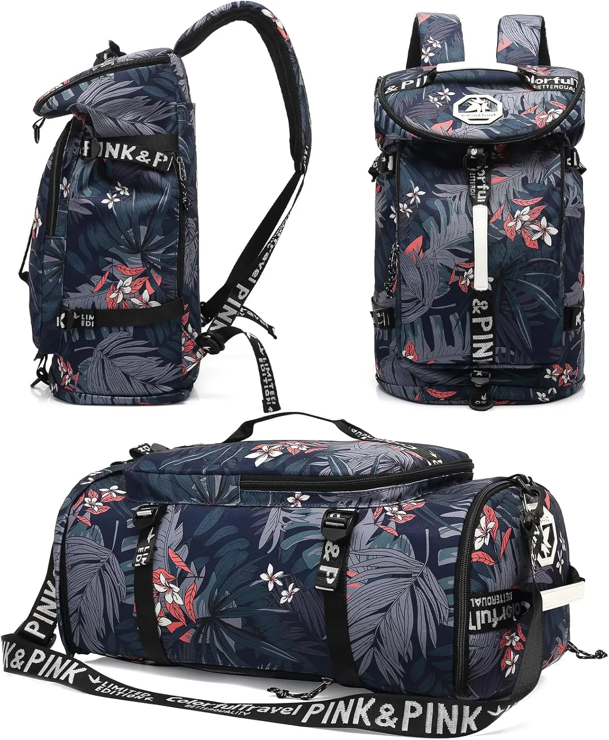 Floral gym duffel bag backpack, fashion wrestling bag,with shoe compartment, 4 kinds of back method waterproof travel sports walking laptop Lightweight (A-Floral Blue)
