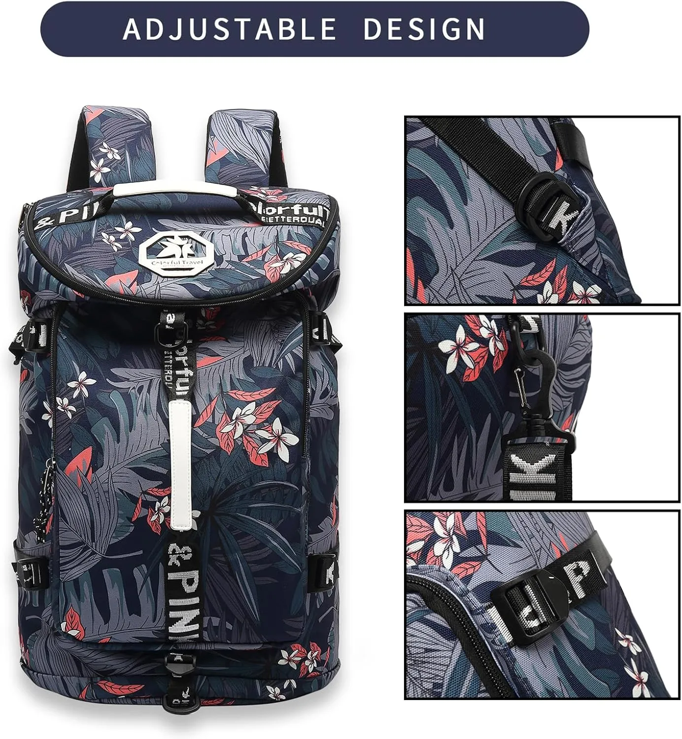 Floral gym duffel bag backpack, fashion wrestling bag,with shoe compartment, 4 kinds of back method waterproof travel sports walking laptop Lightweight (A-Floral Blue)