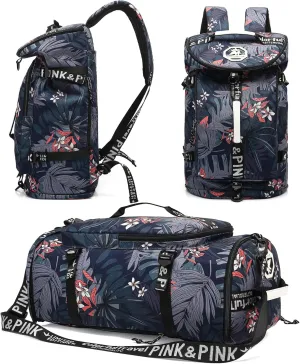 Floral gym duffel bag backpack, fashion wrestling bag,with shoe compartment, 4 kinds of back method waterproof travel sports walking laptop Lightweight (A-Floral Blue)