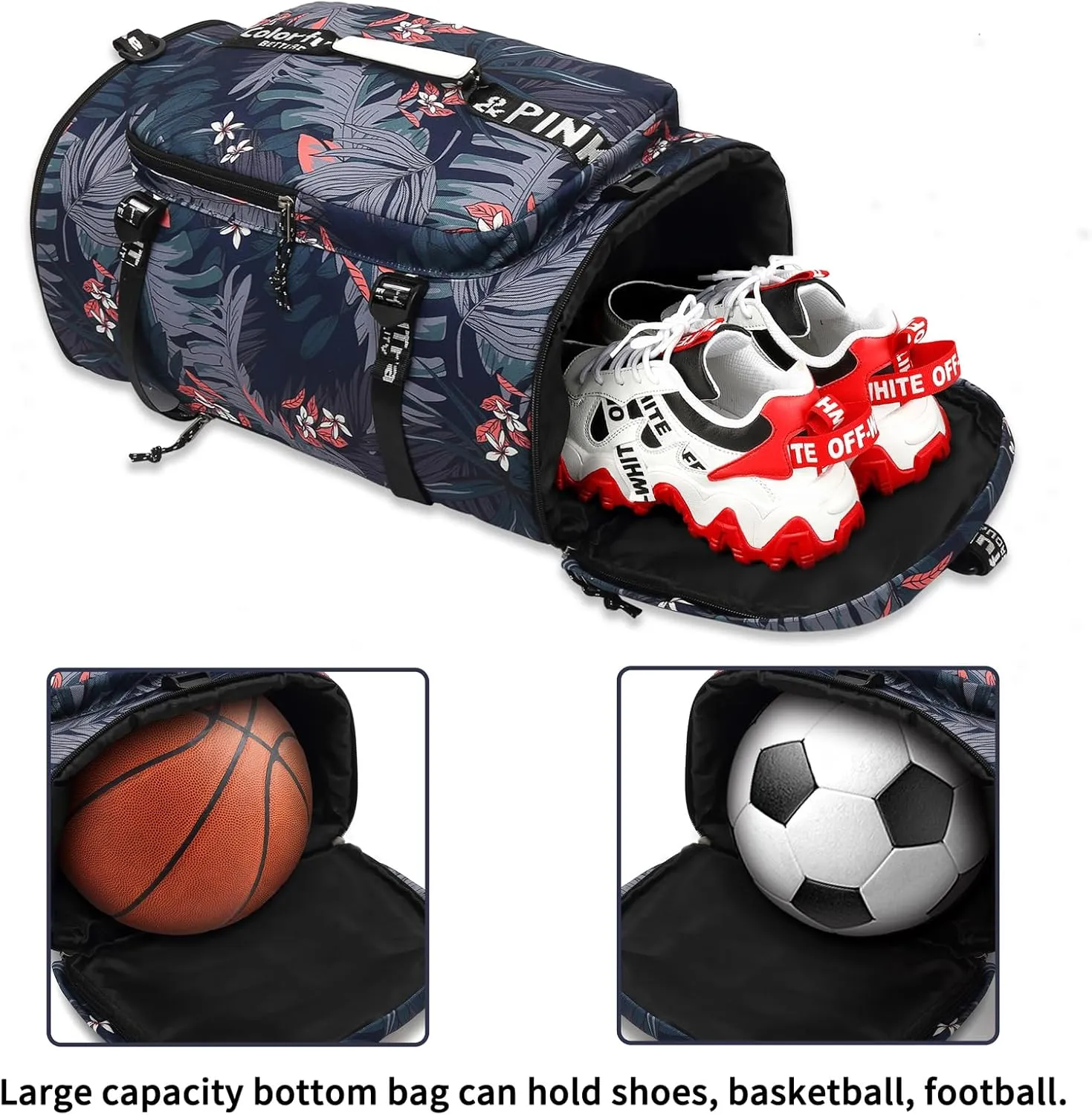 Floral gym duffel bag backpack, fashion wrestling bag,with shoe compartment, 4 kinds of back method waterproof travel sports walking laptop Lightweight (A-Floral Blue)