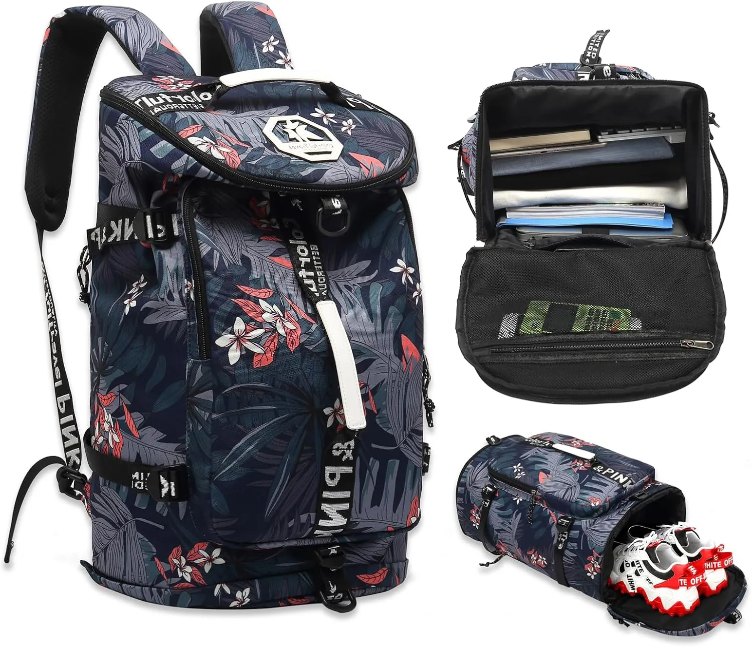 Floral gym duffel bag backpack, fashion wrestling bag,with shoe compartment, 4 kinds of back method waterproof travel sports walking laptop Lightweight (A-Floral Blue)