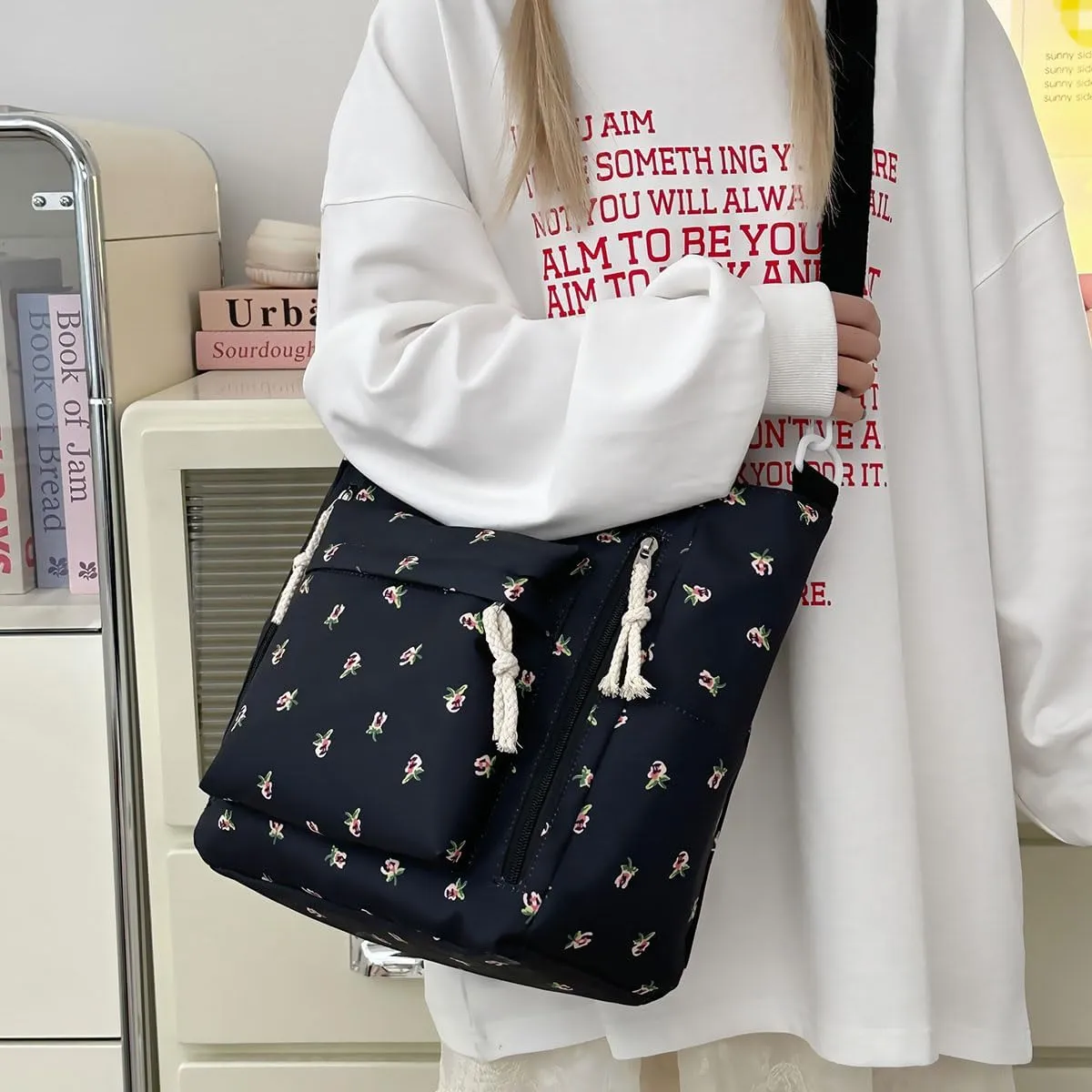 Floral Messenger Bag Nylon Cute Casual Crossbody Bag Chic Hobo Tote Shoulder Bag Travel Daypacks