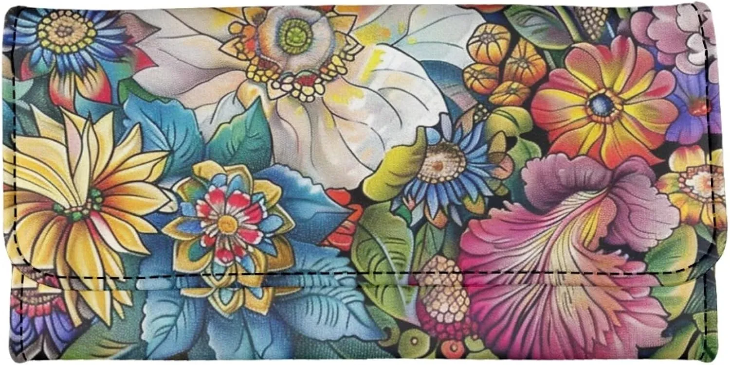 Floral Painting Women Long Wallet with Multi Card Slot, Vintage Flowers Painted Slim Long Wallets Purse Checkbook Large Capacity Travel Wallet