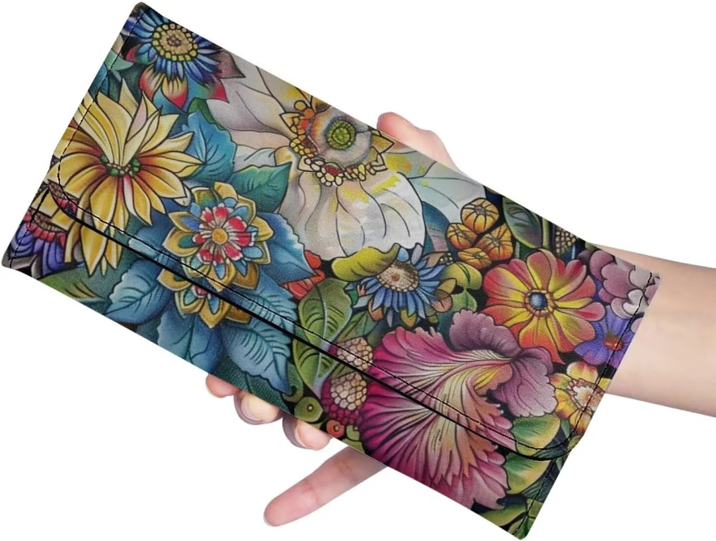 Floral Painting Women Long Wallet with Multi Card Slot, Vintage Flowers Painted Slim Long Wallets Purse Checkbook Large Capacity Travel Wallet