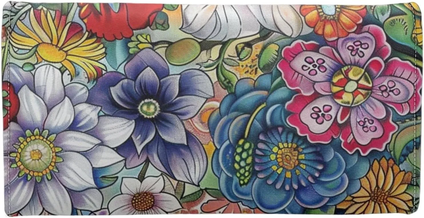 Floral Painting Women Long Wallet with Multi Card Slot, Vintage Flowers Painted Slim Long Wallets Purse Checkbook Large Capacity Travel Wallet