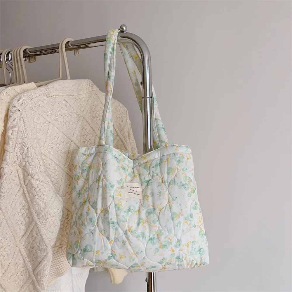 Floral Quilted Cotton Shoulder Bag for Women Medium Size Handbag Large Capacity Thickened Design Tote