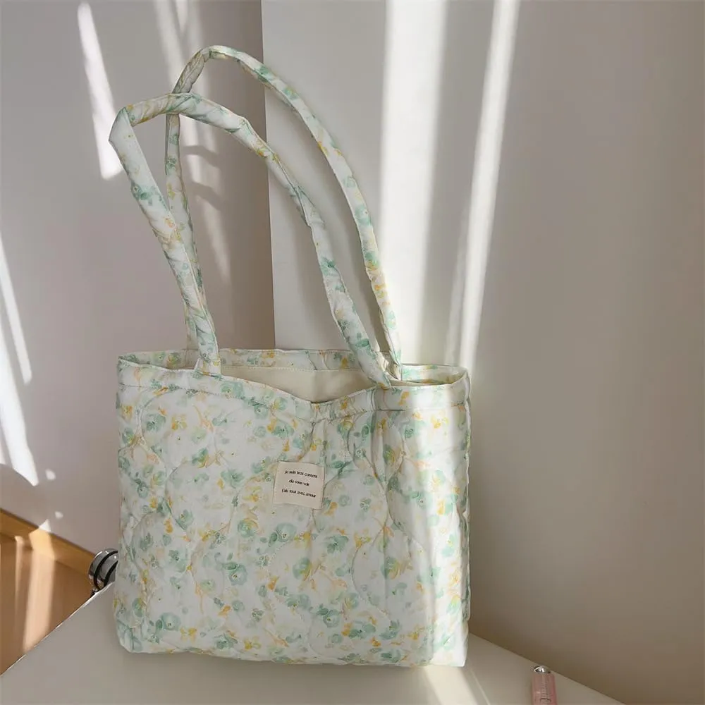 Floral Quilted Cotton Shoulder Bag for Women Medium Size Handbag Large Capacity Thickened Design Tote