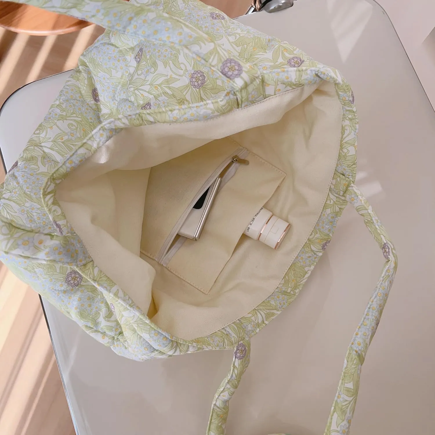 Floral Quilted Cotton Shoulder Bag for Women Medium Size Handbag Large Capacity Thickened Design Tote