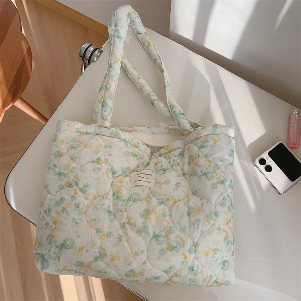 Floral Quilted Cotton Shoulder Bag for Women Medium Size Handbag Large Capacity Thickened Design Tote