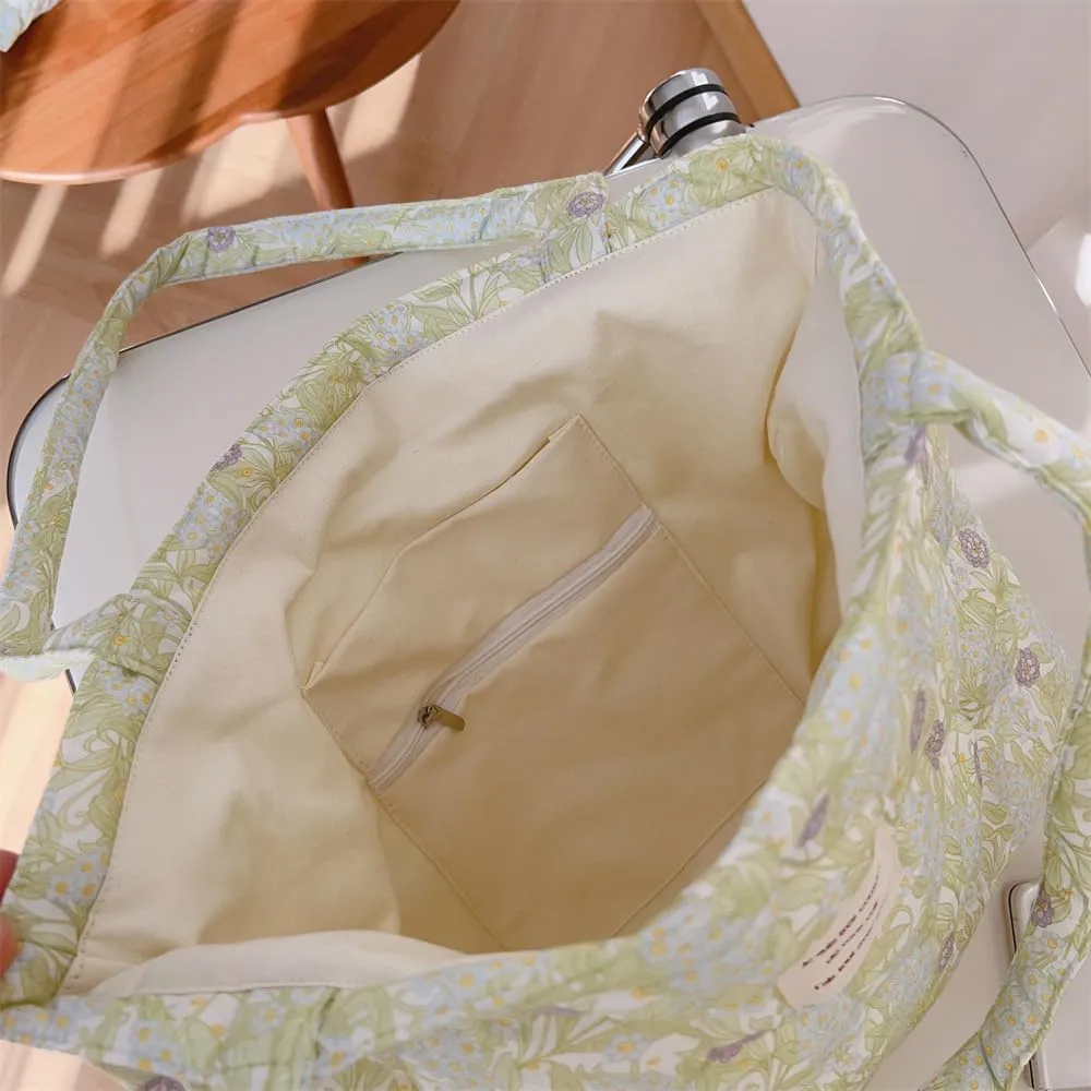 Floral Quilted Cotton Shoulder Bag for Women Medium Size Handbag Large Capacity Thickened Design Tote