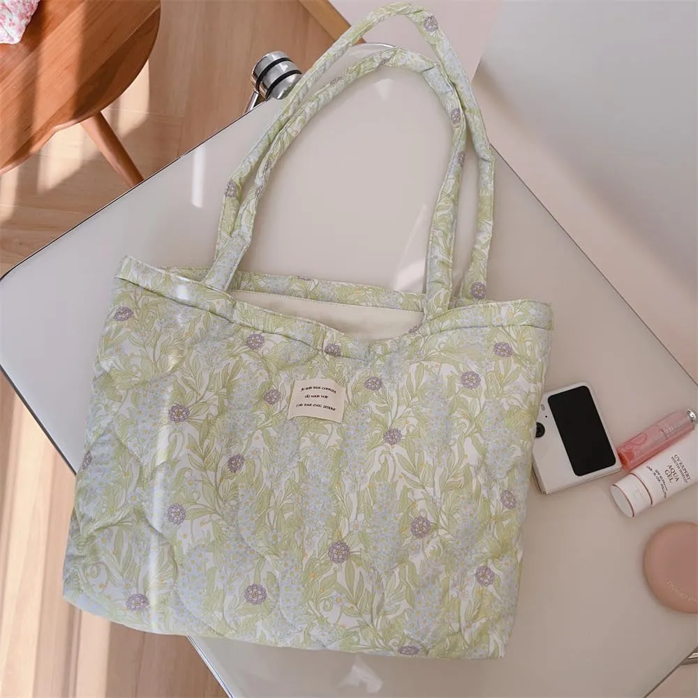 Floral Quilted Cotton Shoulder Bag for Women Medium Size Handbag Large Capacity Thickened Design Tote