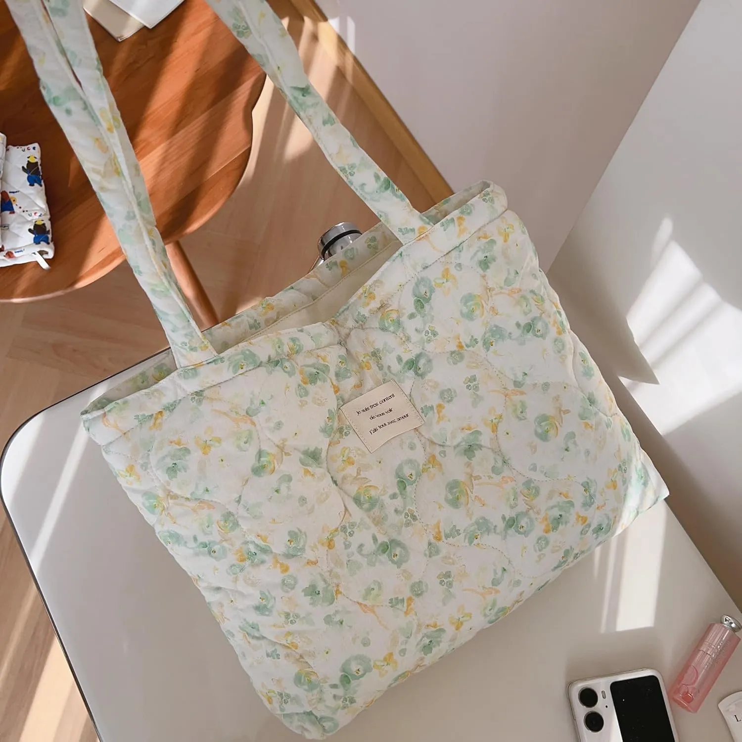 Floral Quilted Cotton Shoulder Bag for Women Medium Size Handbag Large Capacity Thickened Design Tote
